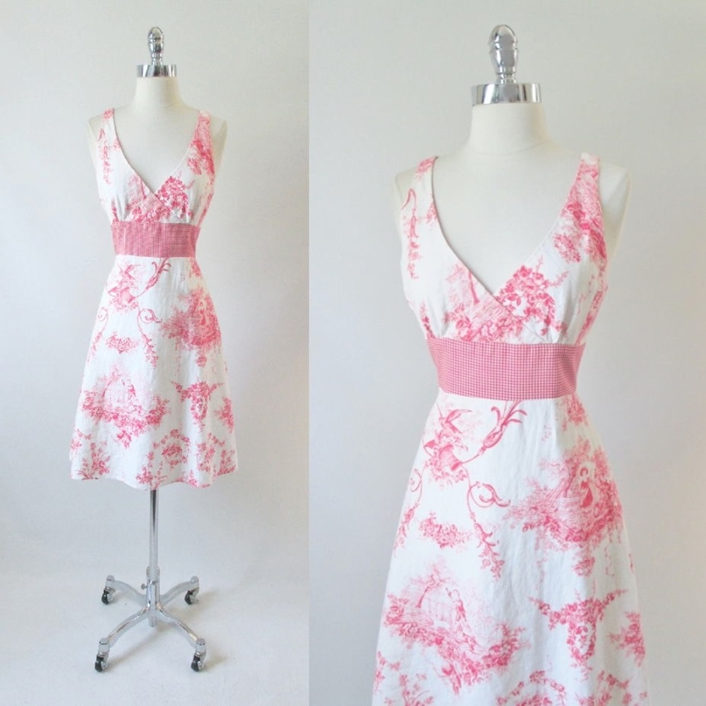 Red Toile Linen & Gingham A Line Picnic Tea Dress